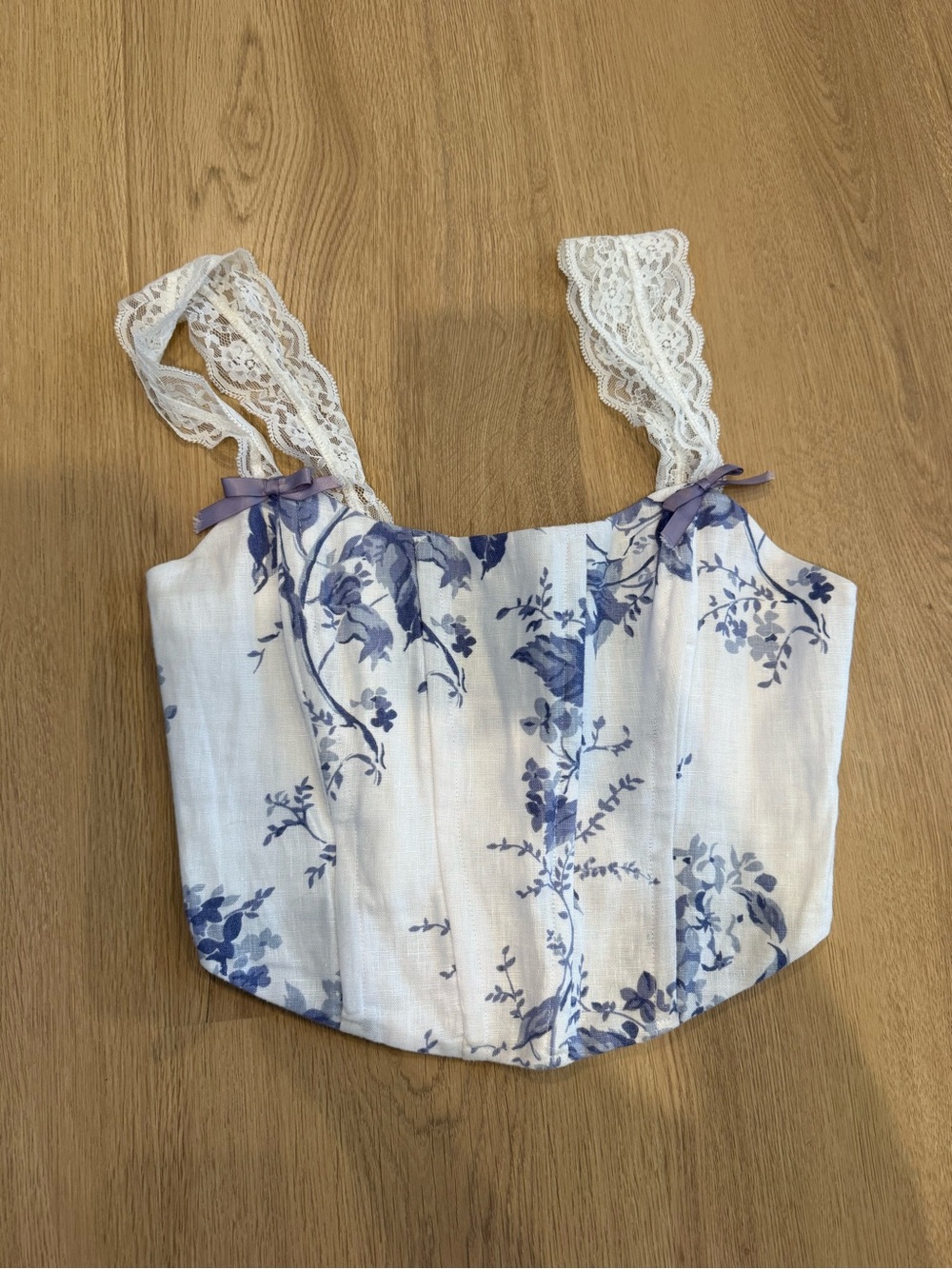 Reformation White Corset Crop Top with Blue Floral Print